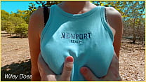 Grabbing a hot wifes public exhibitionist flash tits outdoors